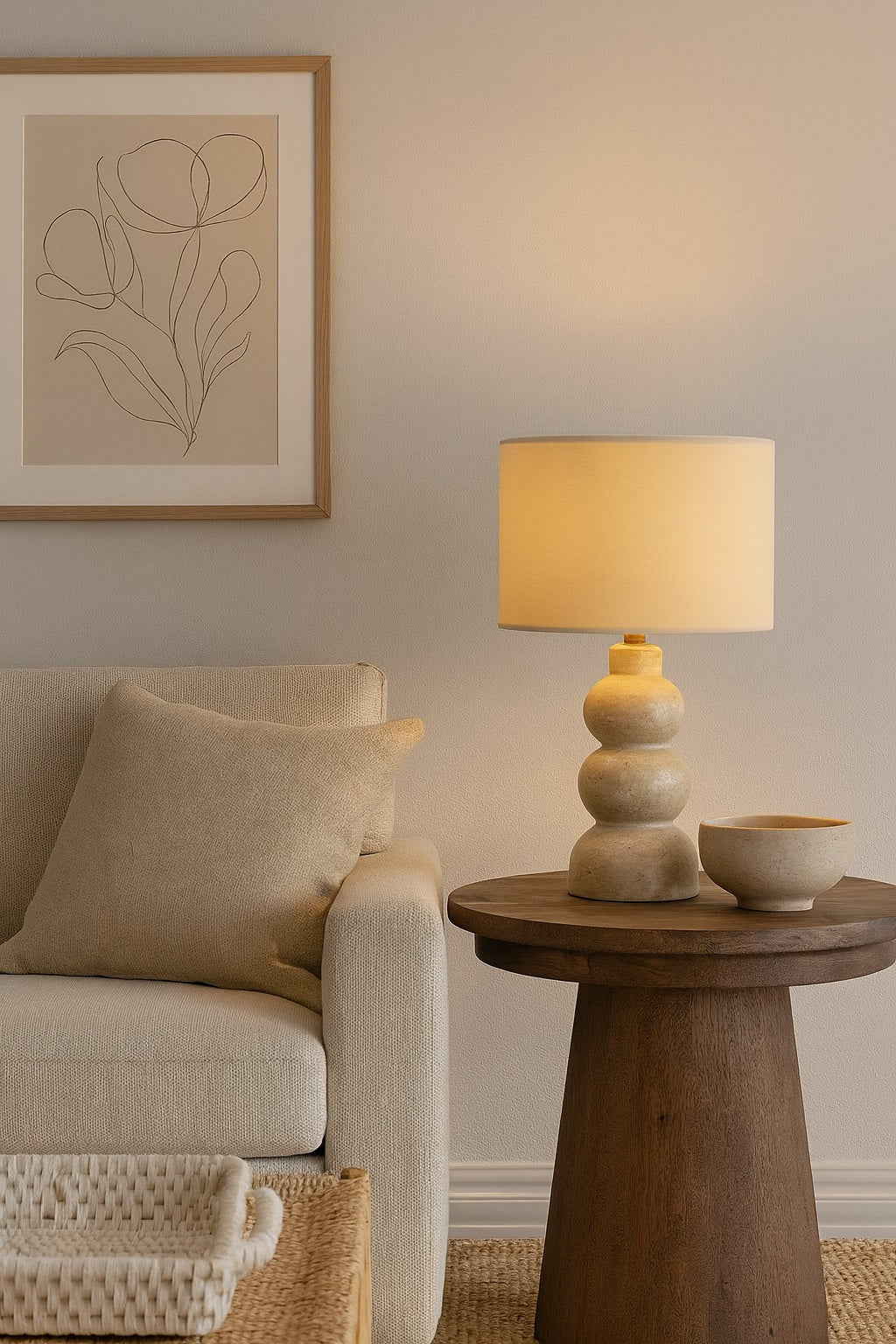 Lampe de chevet avec abat-jour ovale en velours beige Alboria diffusant une lumière douce et chaleureuse dans un salon moderne.