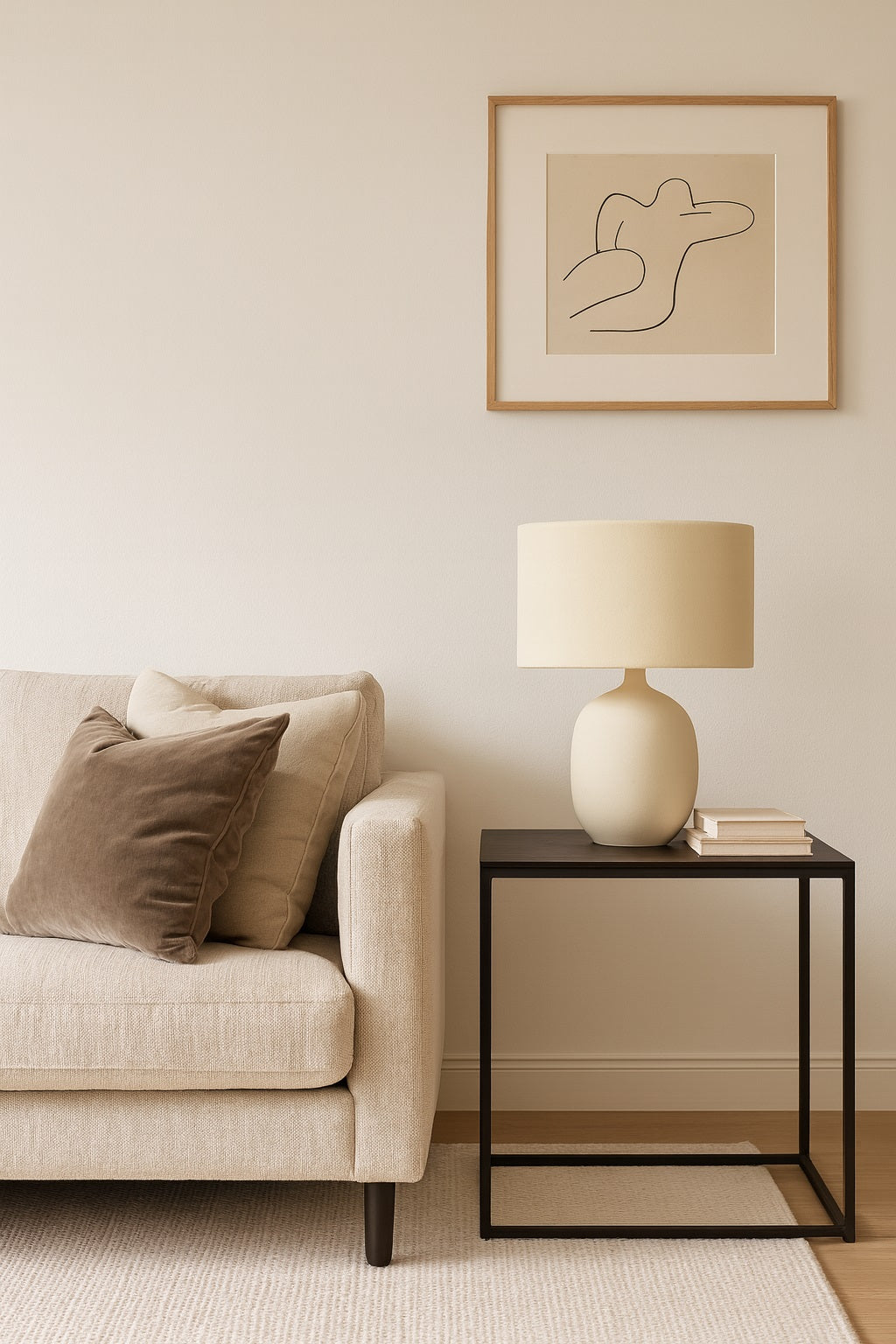 Lampe sur pied avec abat-jour ovale en velours beige Alboria, idéale pour un salon contemporain et cosy.
