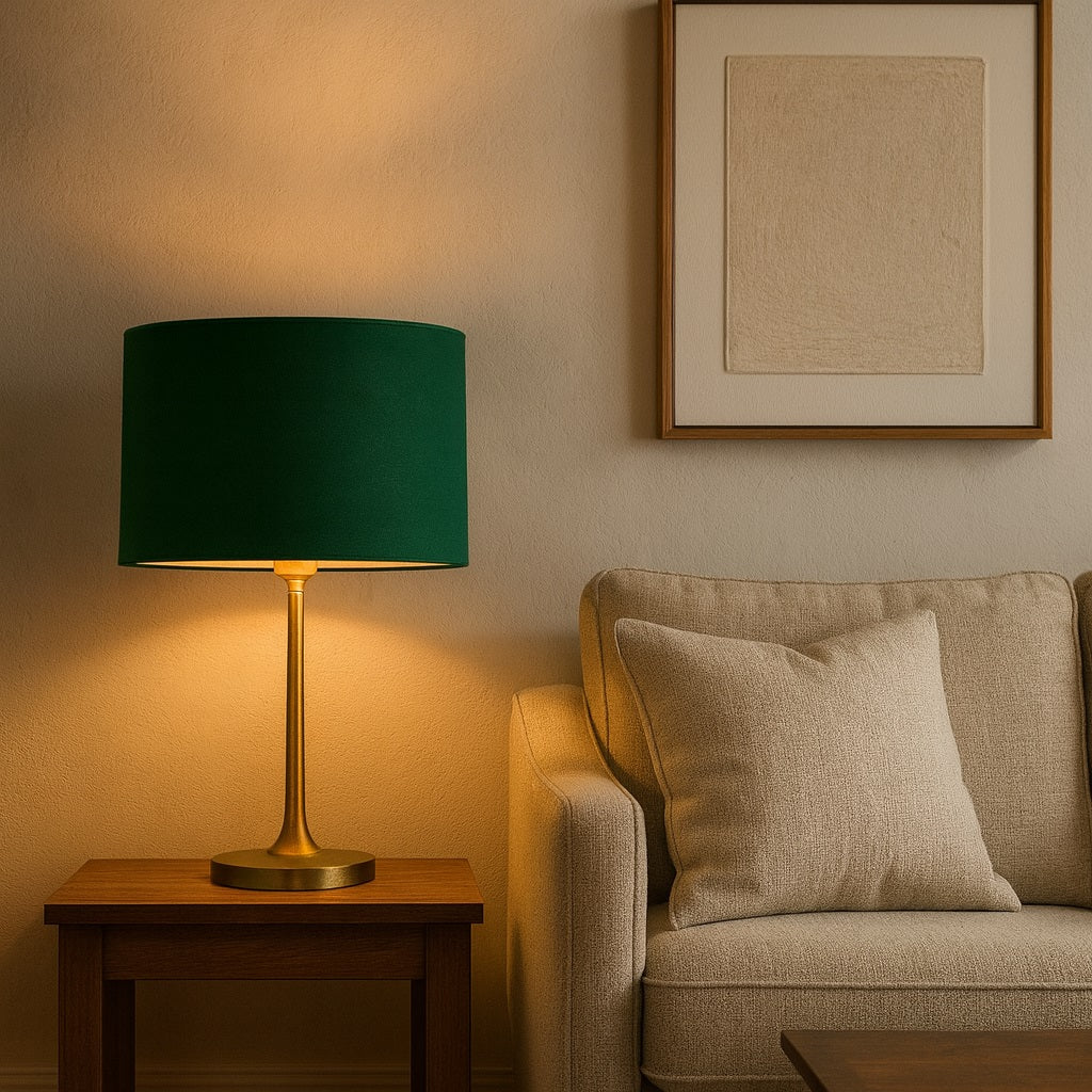Abat-jour ovale vert émeraude en velours avec doublure dorée, installé sur une lampe de chevet dorée dans un salon élégant.