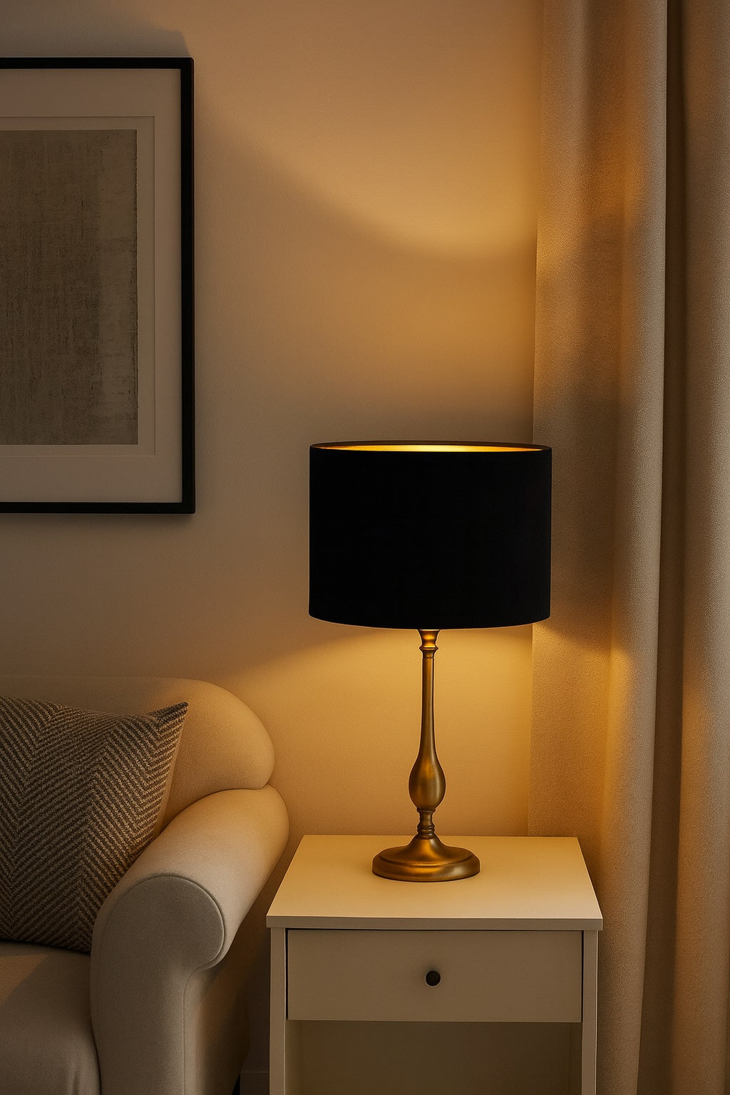 Lampe de chevet avec abat-jour ovale en velours noir et intérieur doré diffusant une lumière chaleureuse, posée sur une table de nuit élégante.