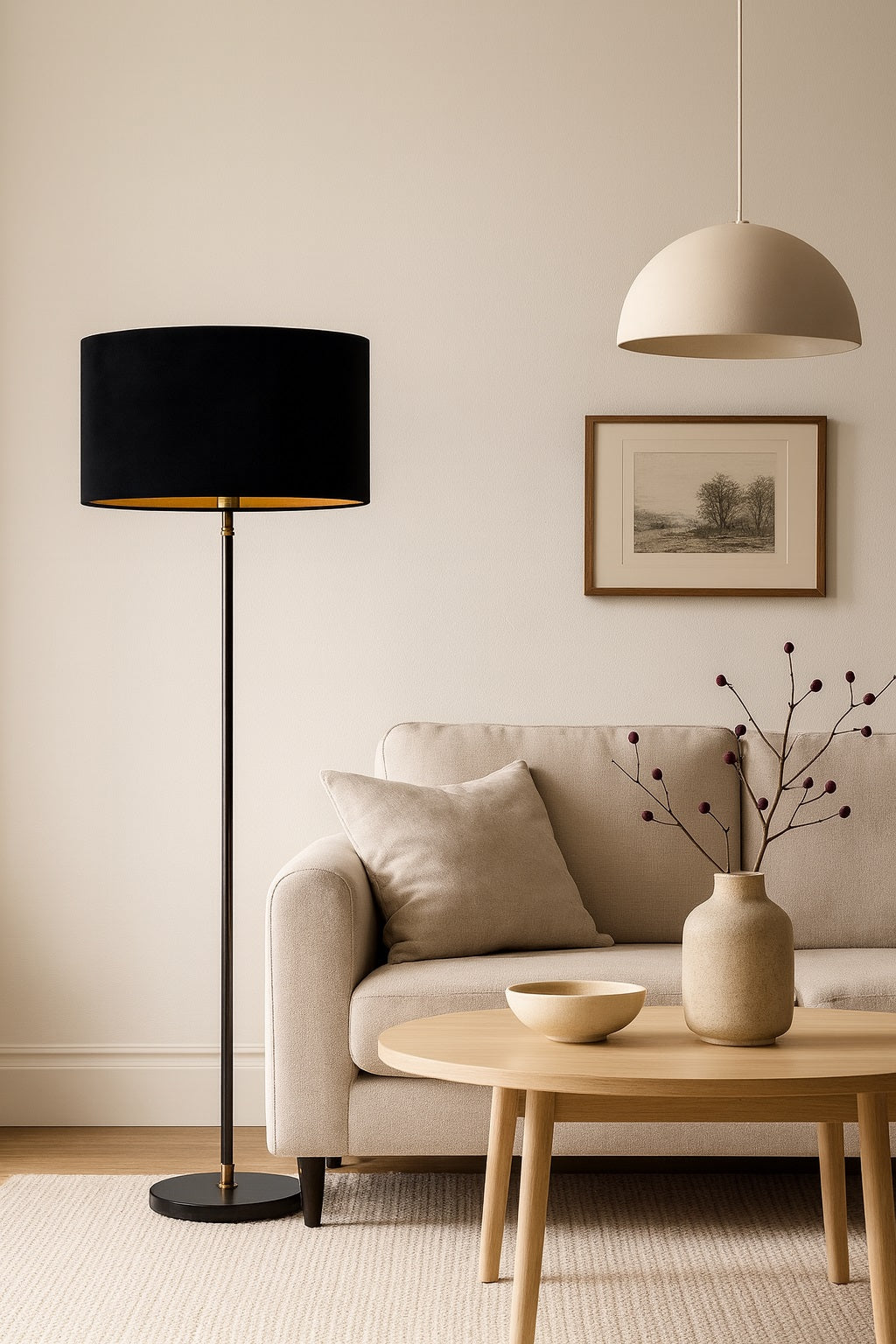 Lampadaire moderne avec abat-jour ovale en velours noir et intérieur doré, apportant une touche sophistiquée dans un salon contemporain.