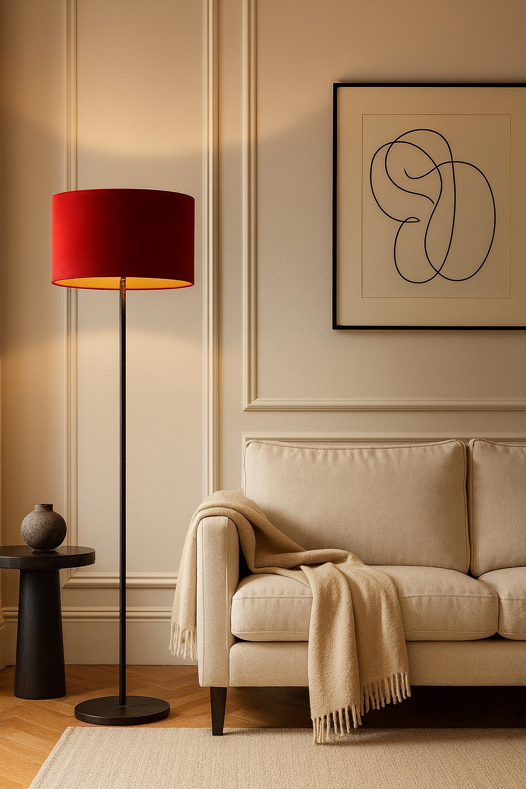 Lampadaire habillé d’un abat-jour ovale en velours rouge Rubinia, créant une atmosphère élégante et cosy dans un salon contemporain.