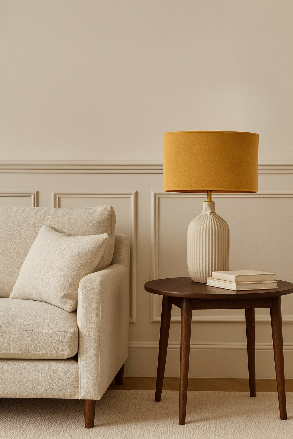 Abat-jour en velours jaune Solelia posé sur lampe de table, ambiance salon beige chic.