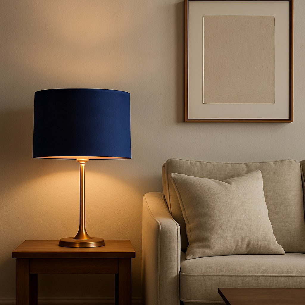 Lampe de chevet avec abat-jour ovale en velours bleu azur et intérieur doré, posé sur table en bois dans un salon moderne