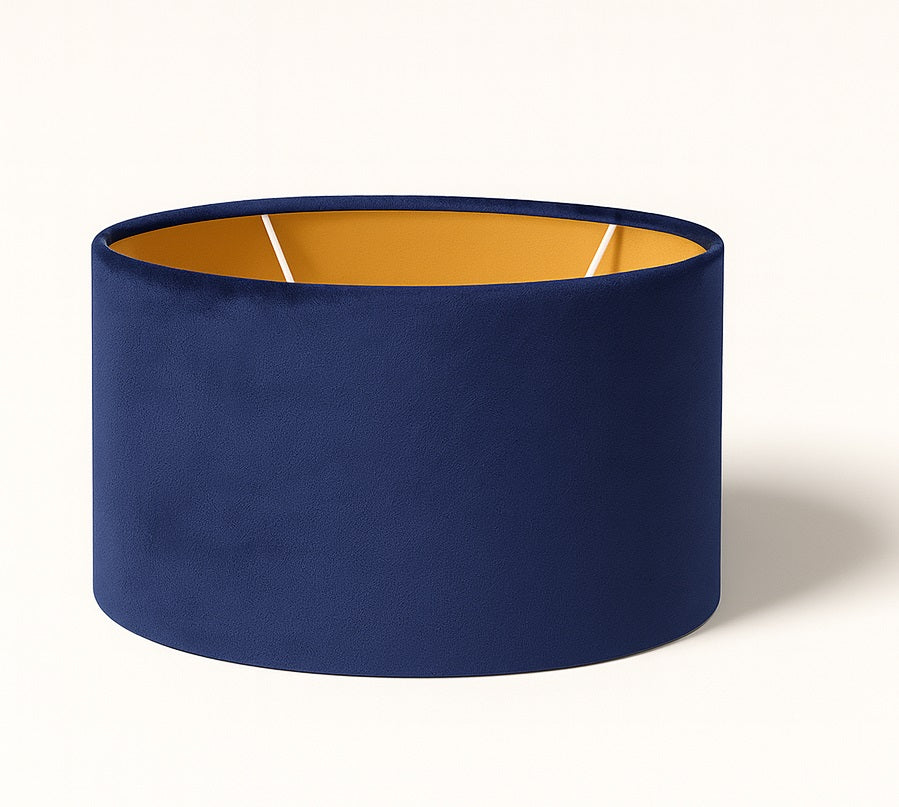 Abat-jour ovale en velours bleu azur avec doublure dorée, compatible lampe E27