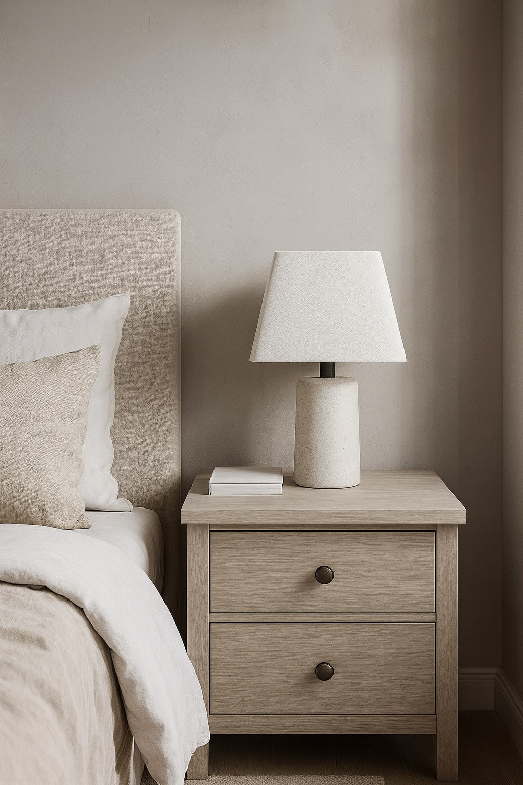 Abat-jour pyramide en lin blanc sur lampe de chevet, décor de chambre sobre et élégante, style naturel.