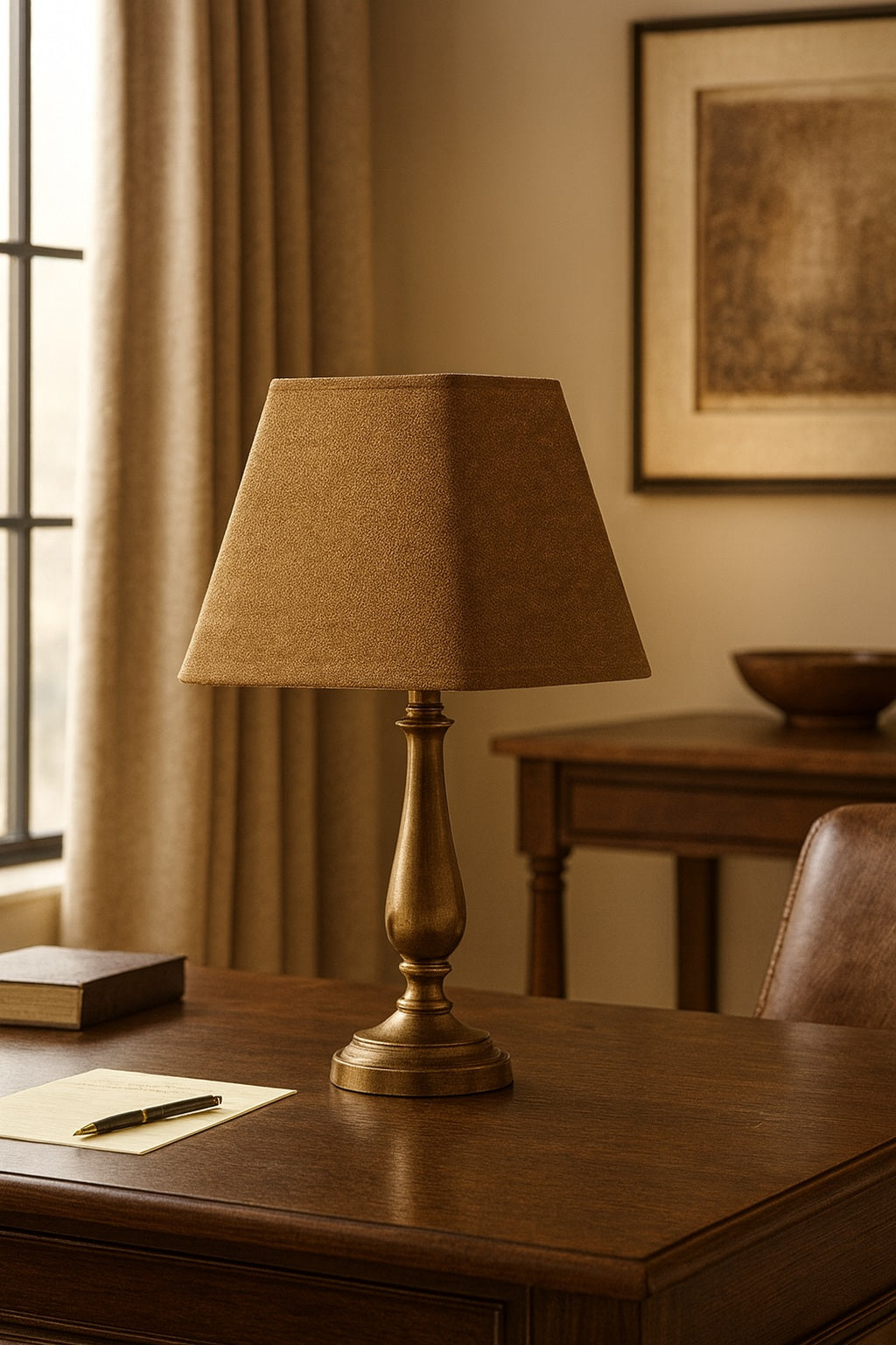 Lampe avec abat-jour pyramide en lin tabac allumé, lumière douce et cosy pour bureau ou chambre