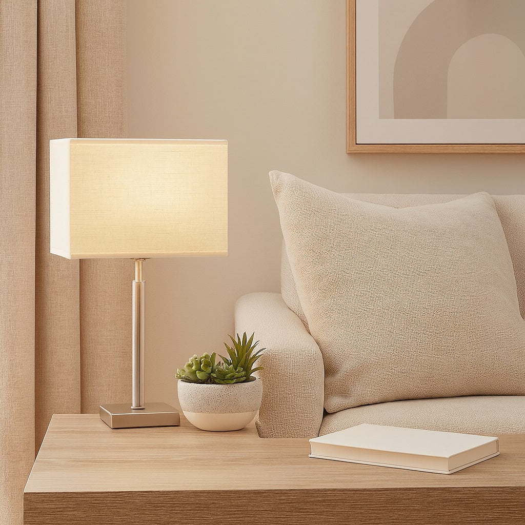 Lampe de chevet avec abat-jour rectangulaire en tissu beige, ambiance chaleureuse et moderne pour séjour.