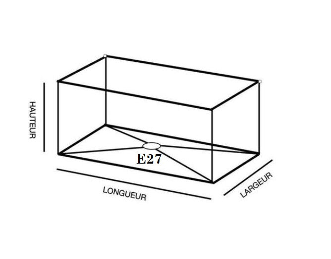 Schéma technique abat-jour rectangulaire long avec douille E27, dimensions hauteur longueur largeur pour lampe.