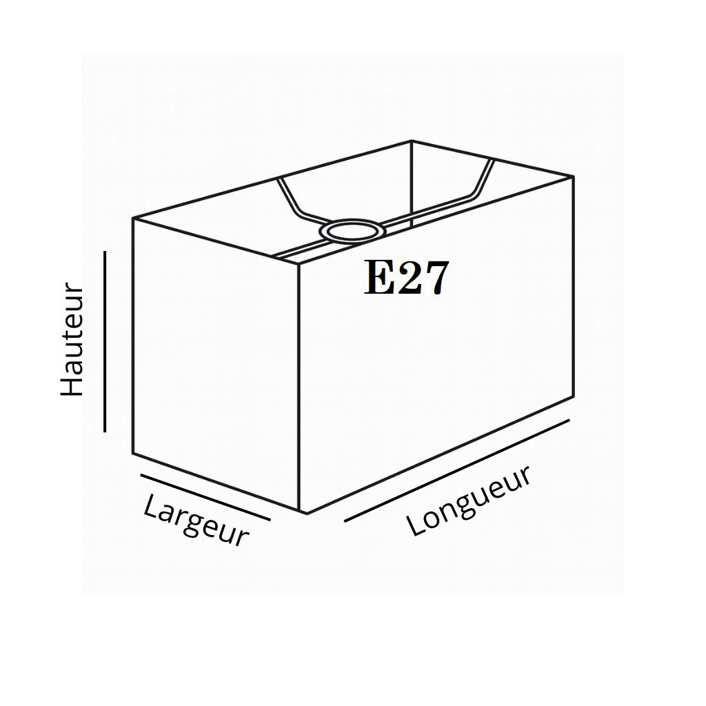 Schéma technique abat-jour rectangulaire long avec douille E27, dimensions hauteur longueur largeur pour lampe.