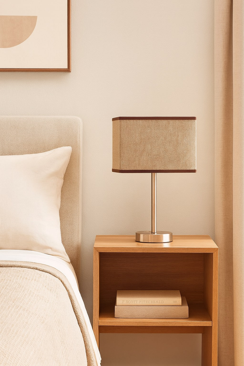 Lampe moderne avec abat-jour rectangulaire en tissu naturel, lumière douce et chaleureuse.