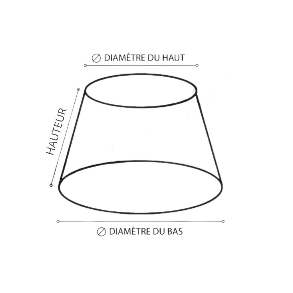 Schéma d’un abat-jour conique indiquant les dimensions clés : diamètre haut, diamètre bas et hauteur verticale.