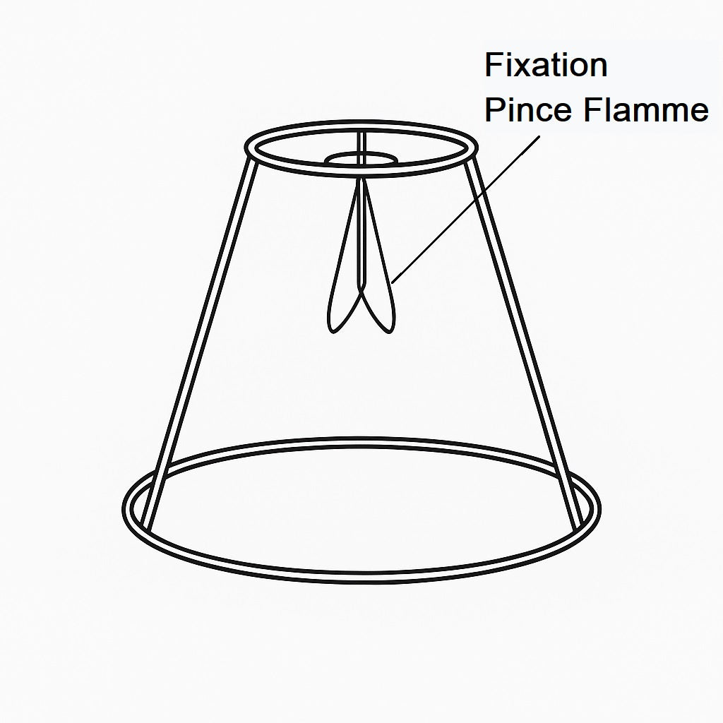 Schéma d’un abat-jour conique avec fixation pince flamme pour ampoule fine type flamme – structure métallique noire.