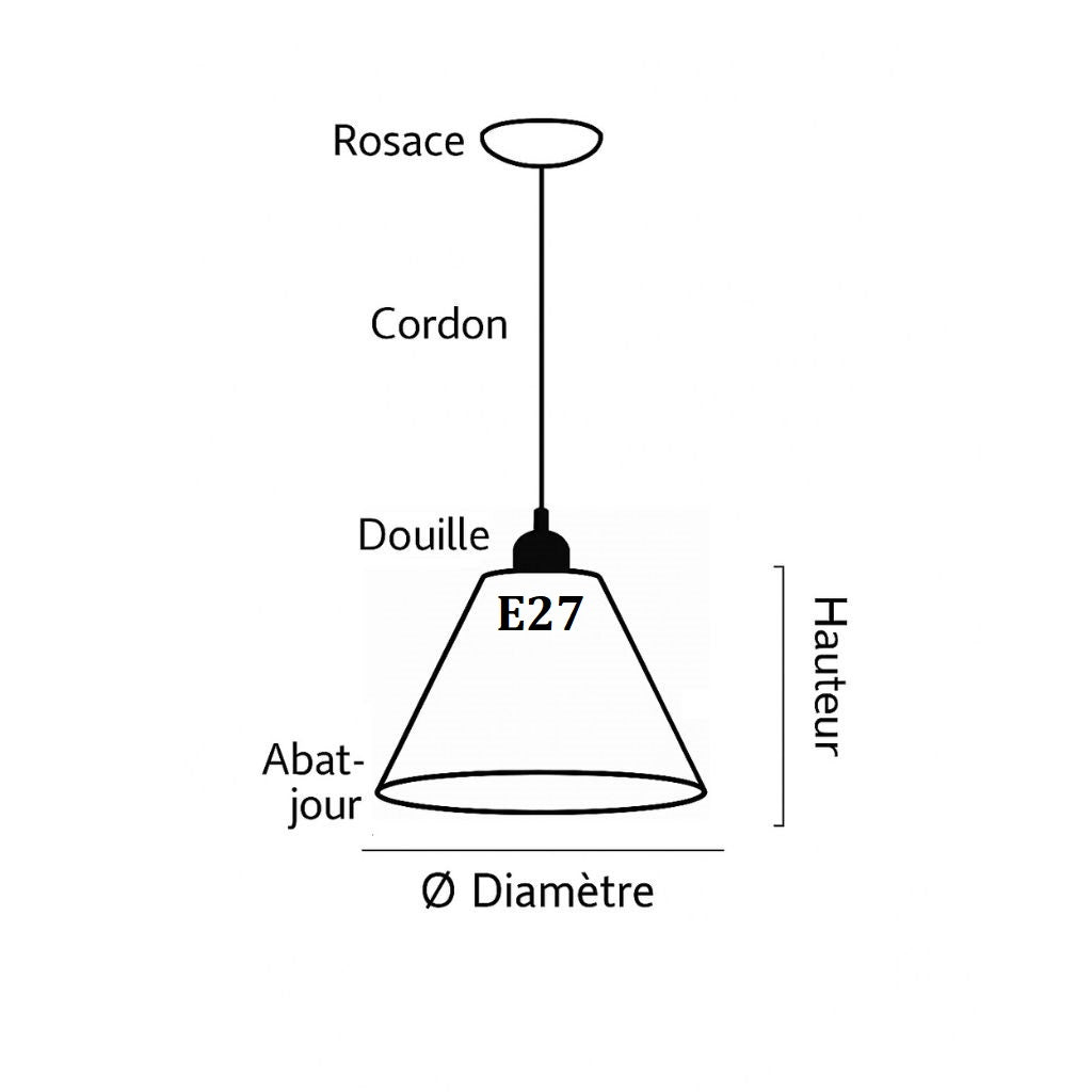 Schéma suspension E27 avec rosace, cordon, douille et abat-jour conique, dimensions hauteur et diamètre.