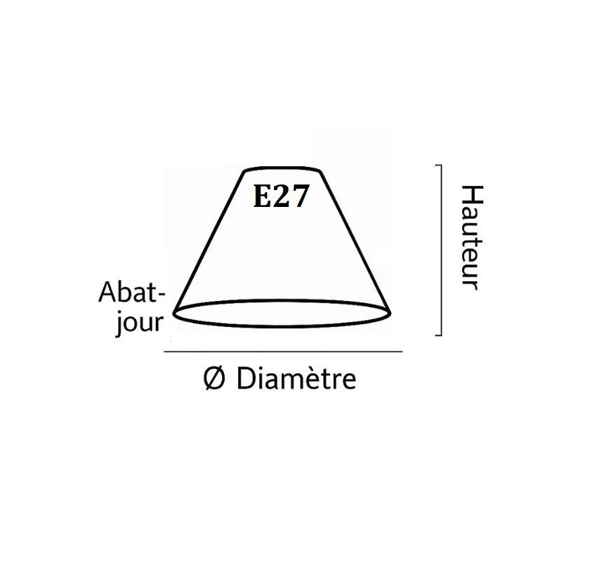 Schéma technique d’un abat-jour mural conique avec douille E27, hauteur et diamètre indiqués.