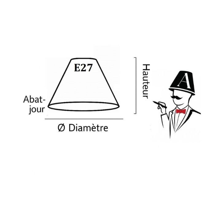 Schéma de mesure d’un abat-jour conique E27 avec indication du diamètre et de la hauteur – fixation standard.