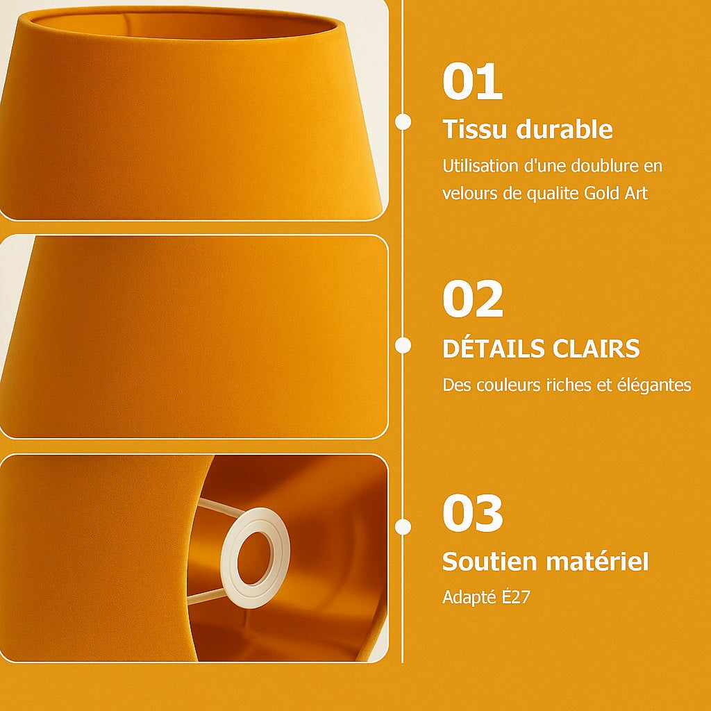 Zoom sur l’abat-jour conique en velours jaune, tissu de qualité et support E27 robuste, finition élégante.