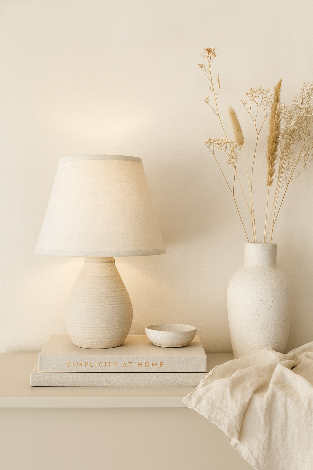 Lampe de chevet en céramique avec abat-jour en lin, diffuse une lumière douce pour une ambiance cosy.