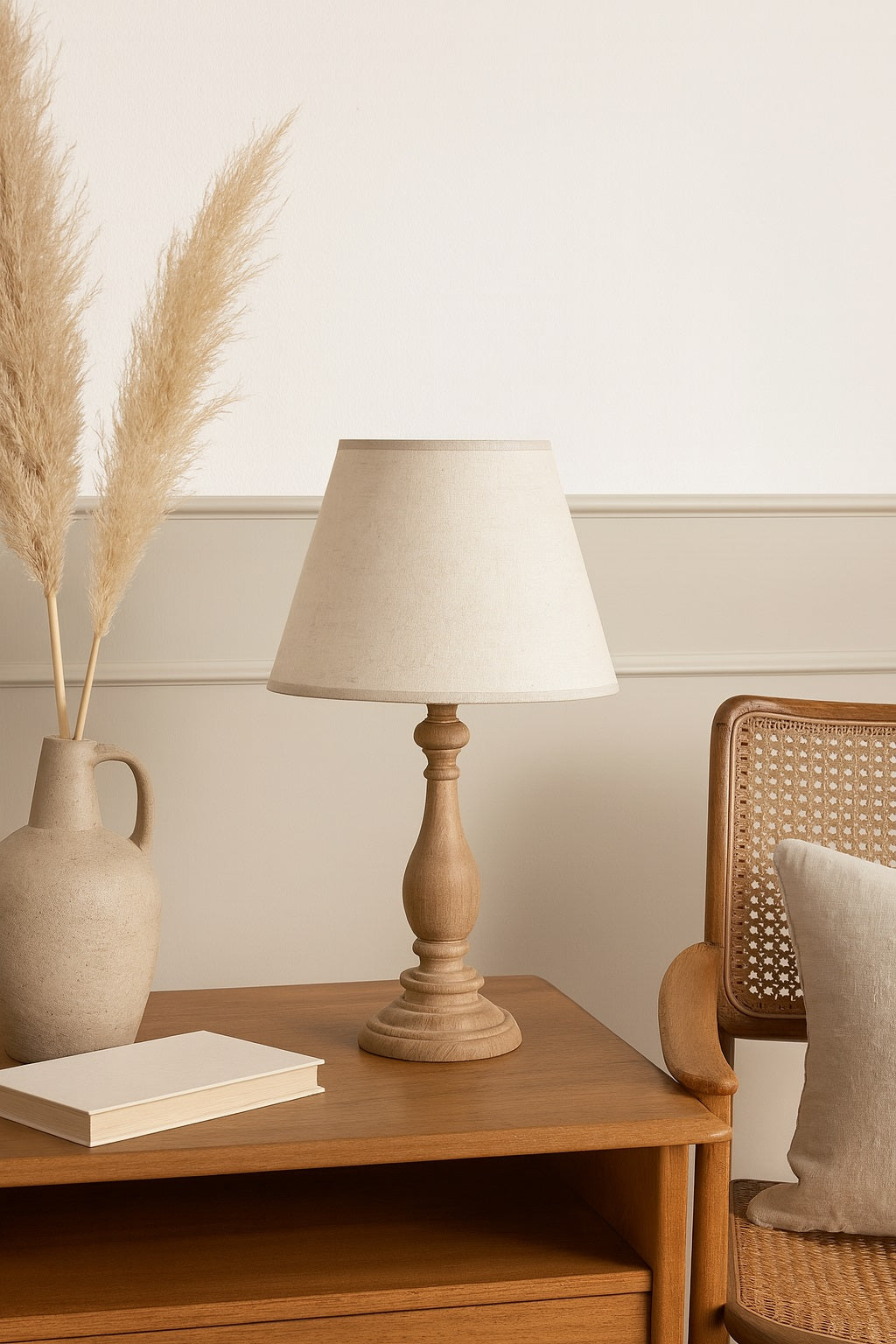 Lampe de chevet en bois avec abat-jour en lin clair, déco naturelle et chaleureuse pour chambre ou salon.