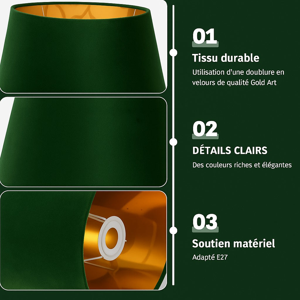 Détails d’un abat-jour conique vert foncé en velours, intérieur doré, adapté à une lampe de chevet E27.