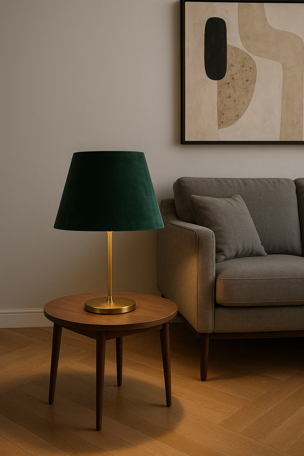 Lampe de chevet avec abat-jour conique vert foncé, créant une ambiance chaleureuse et élégante au salon.
