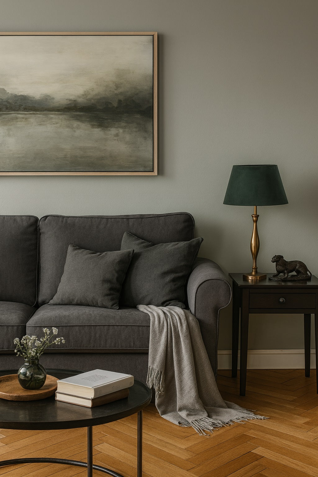 Lampe de chevet avec abat-jour en velours vert foncé, apportant une touche chic et cosy au séjour.