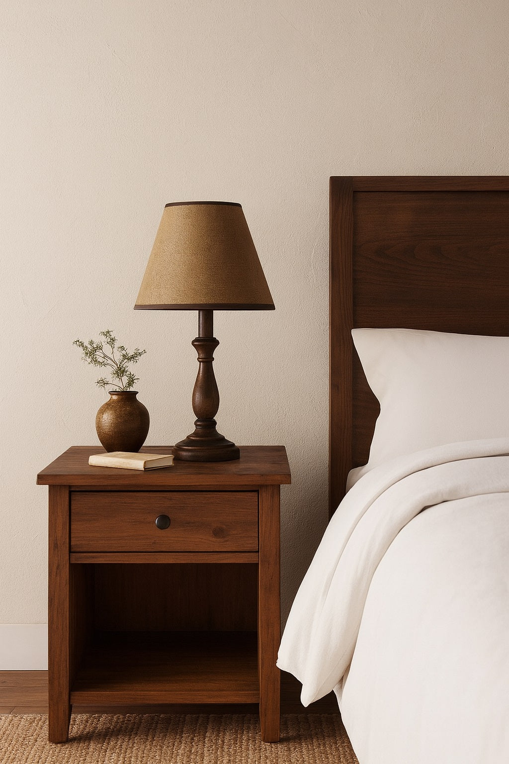 Lampe de chevet en bois avec abat-jour conique en lin, déco chaleureuse et naturelle pour chambre cosy.