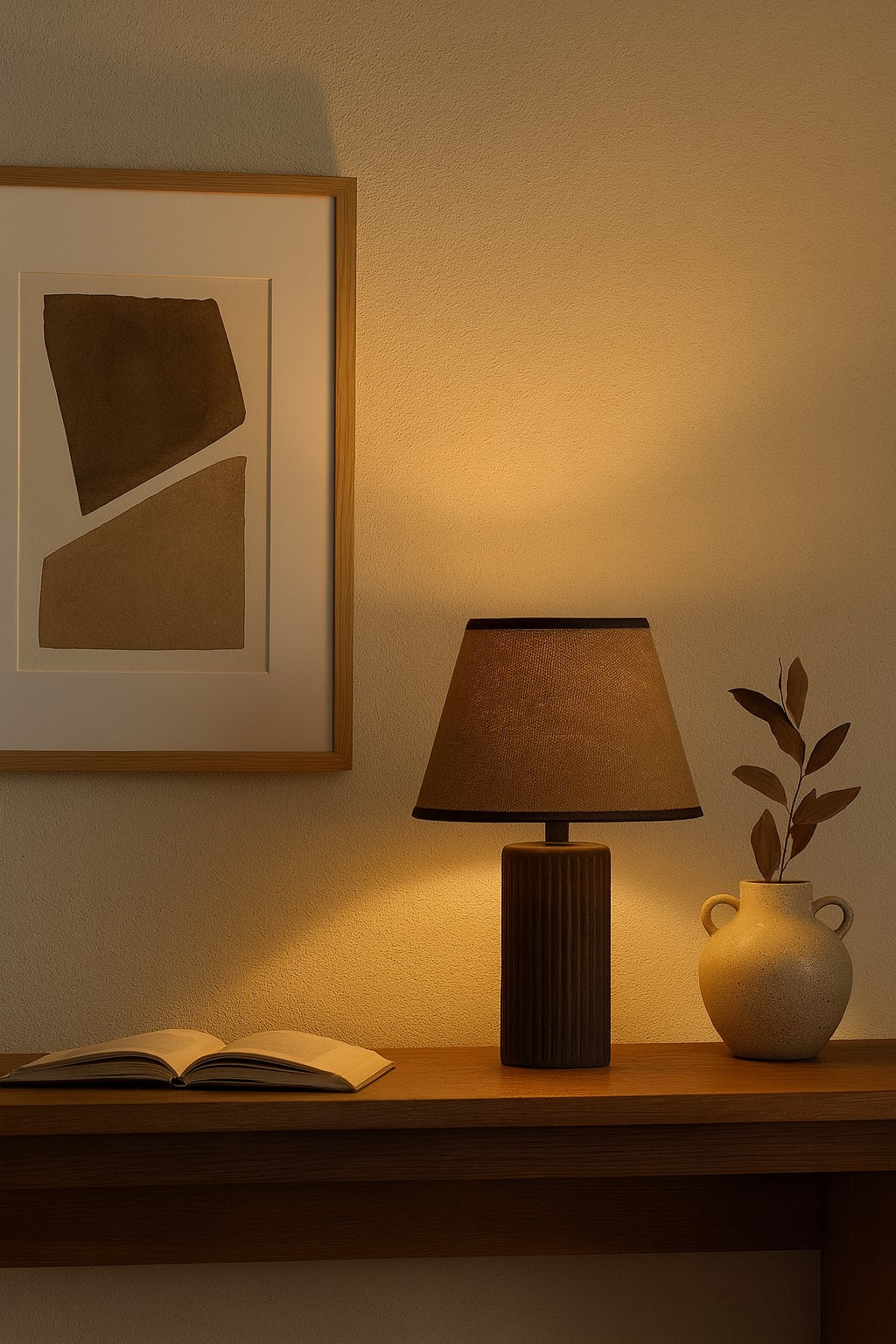 Lampe de chevet allumée avec abat-jour en lin, lumière douce et chaleureuse pour créer une ambiance apaisante.