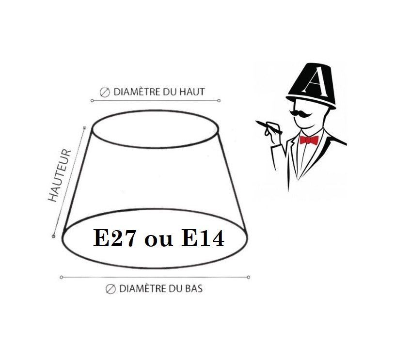 Schéma d’un abat-jour conique avec dimensions hauteur et diamètres, compatible douilles E27 ou E14.