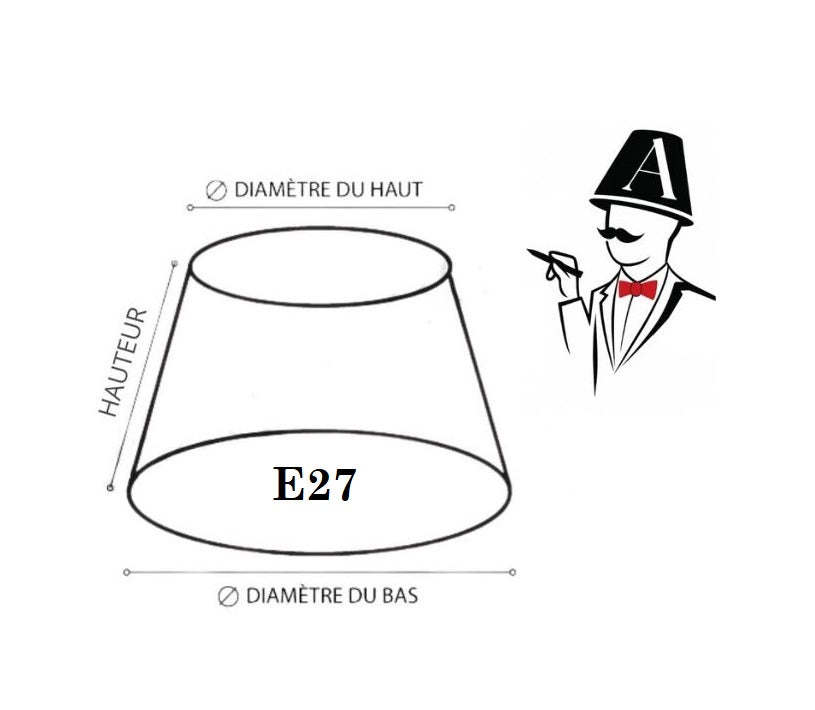 Schéma abat-jour conique E27 avec dimensions : diamètre haut, diamètre bas et hauteur pour lampe de chevet ou lampadaire.