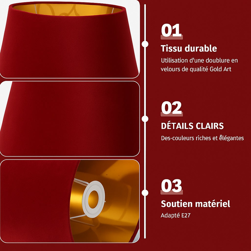 Détails d’un abat-jour conique en velours rouge, intérieur doré, idéal pour sublimer une lampe de chevet.