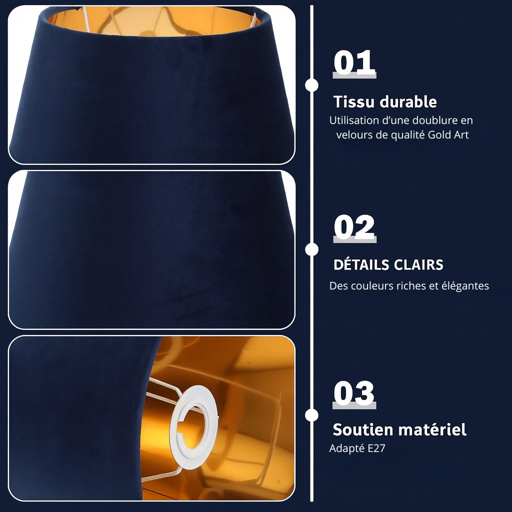 Détails d’un abat-jour conique bleu nuit en velours, idéal pour sublimer une lampe de chevet design.