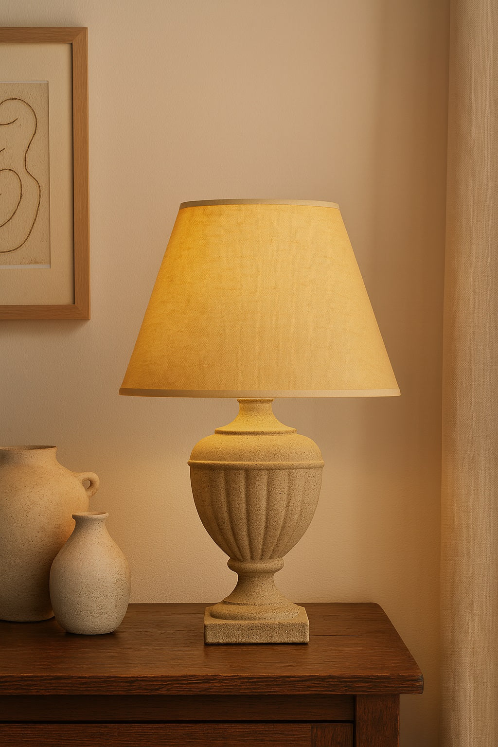 Lampe de chevet avec abat-jour beige conique, lumière tamisée idéale pour créer une ambiance cosy et relaxante.