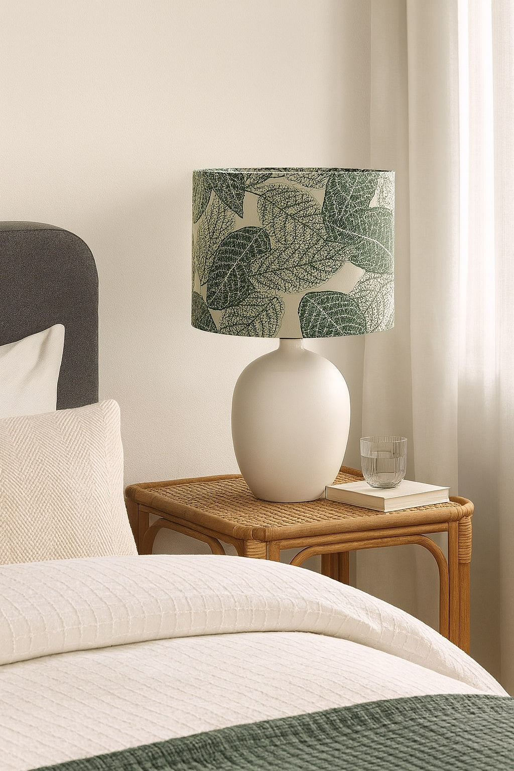 Abat-jour cylindrique en tissu feuillage vert sur lampe de chevet, déco naturelle et élégante de chambre.