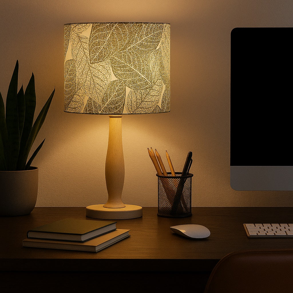 Lampe allumée avec abat-jour motif feuilles vertes, lumière douce idéale pour bureau ou coin lecture.