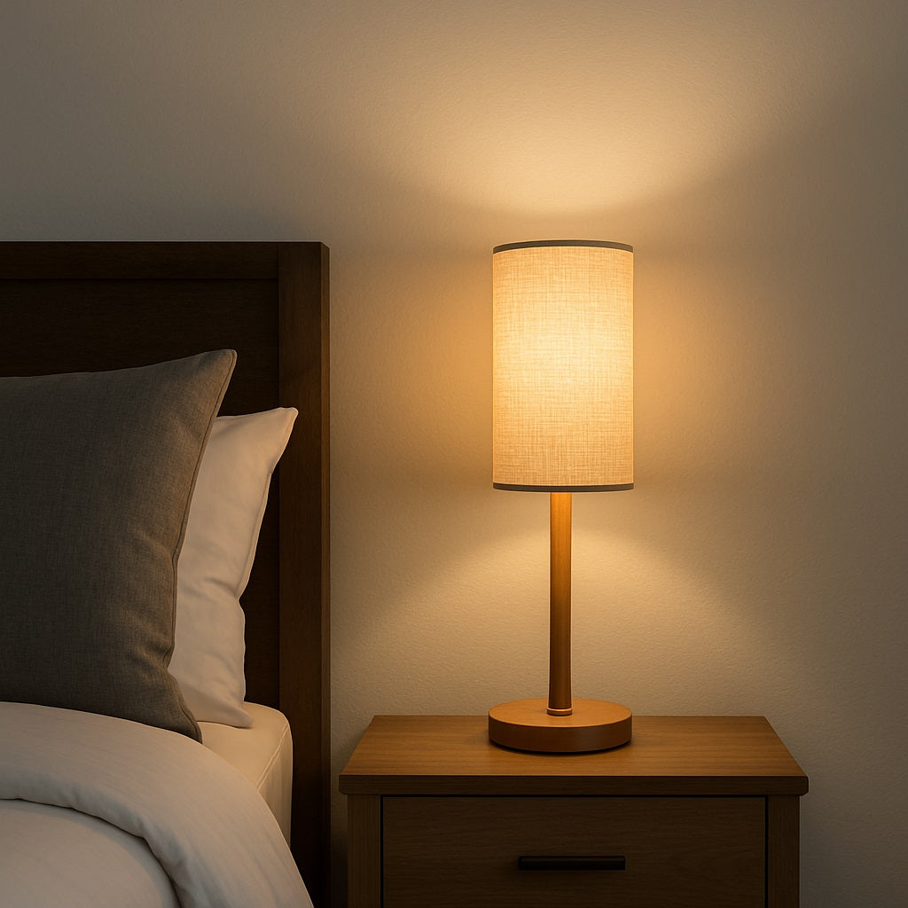 Abat-jour en tissu gris diffusant une lumière douce sur une lampe de chevet dans une chambre cosy