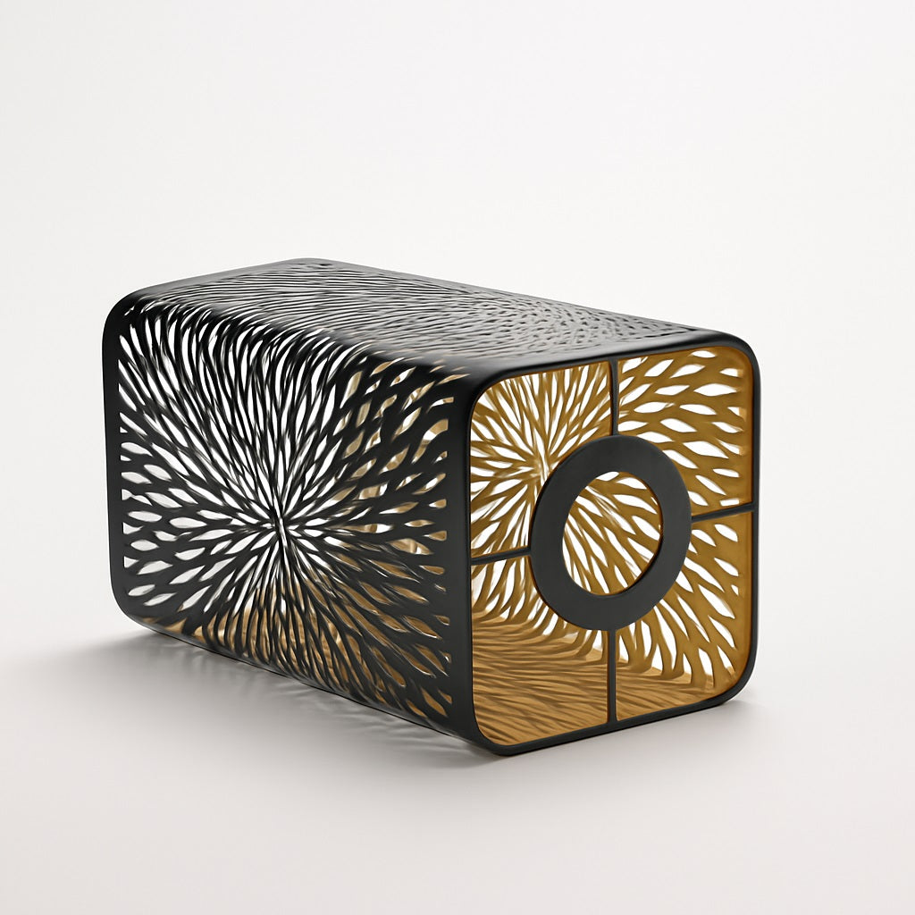 Abat-jour métal noir ajouré motif éclat radial, vue latérale, fixation E27 visible, design graphique moderne doré.