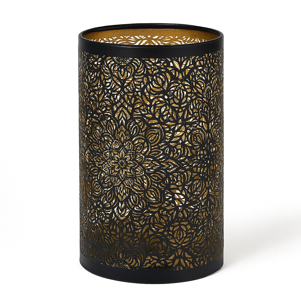 Abat-jour cylindrique métal noir ajouré, motif floral mandala doré, lumière tamisée décorative, culot E27