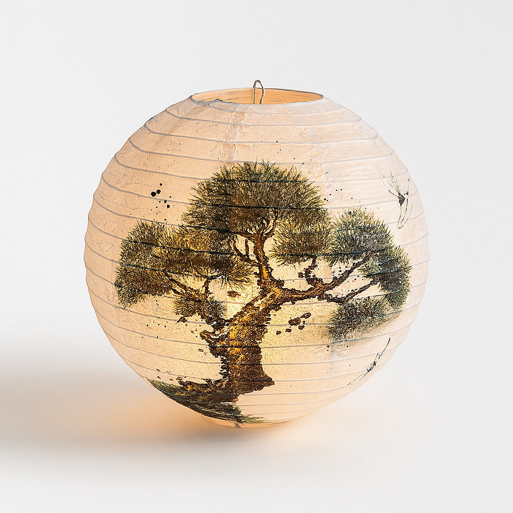 Abat-jour boule en papier avec motif arbre zen japonais illuminé, suspension décorative style japonais pour salon ou chambre