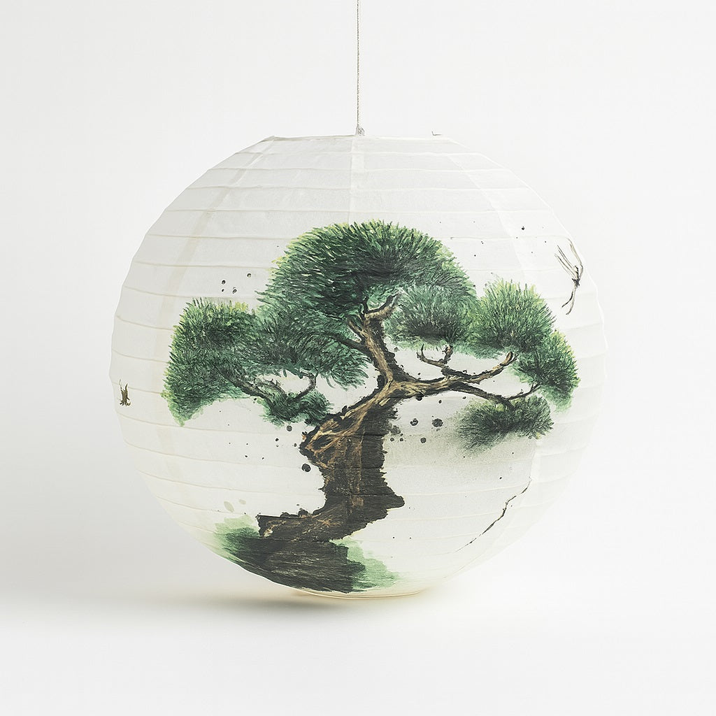 Abat-jour suspension en papier blanc avec motif arbre zen japonais, forme ronde et style asiatique pour décoration intérieure apaisante