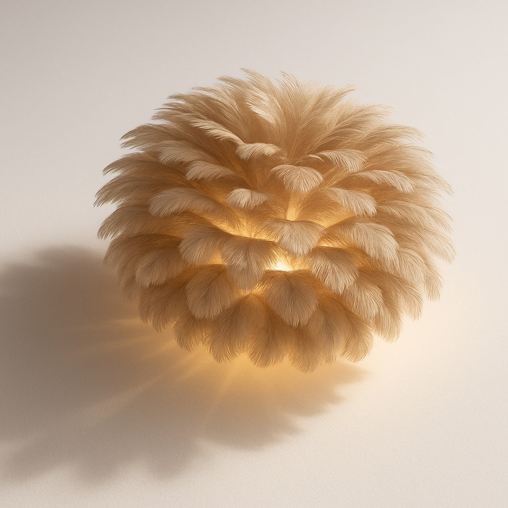 Applique Cenara gris clair en plumes aérées, lumière douce diffusée vers le bas sur un mur ivoire