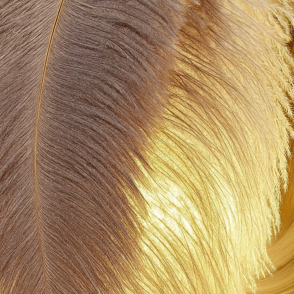Zoom sur l’abat-jour plume dorée, texture fine et lumière diffuse créant une atmosphère chaleureuse.