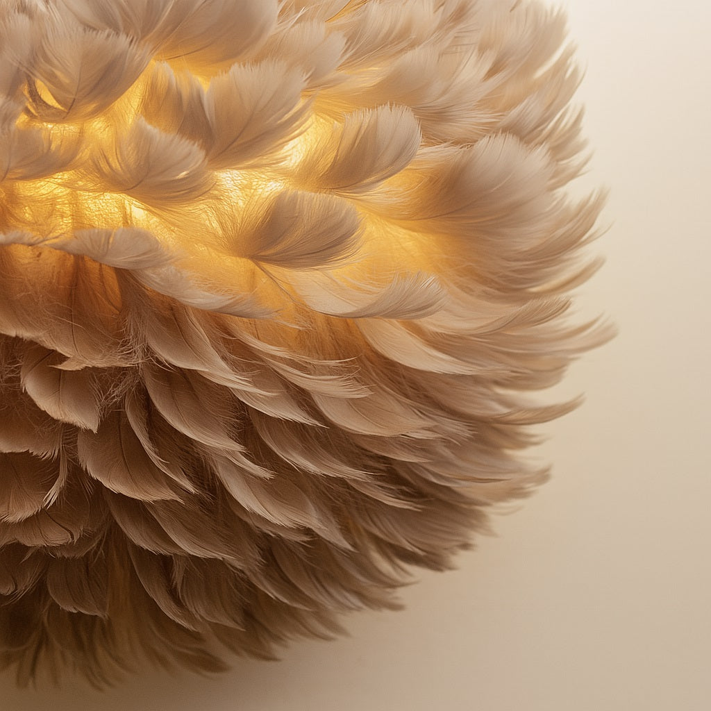 Détail d’applique plume beige allumée, lumière tamisée et rendu texturé très doux.