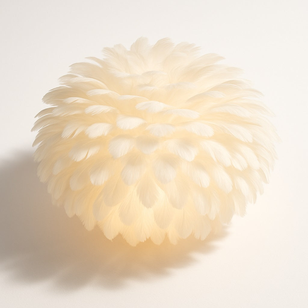 Vue en plongée d’une applique ronde en plumes blanches, lumière chaude et plume aérienne.