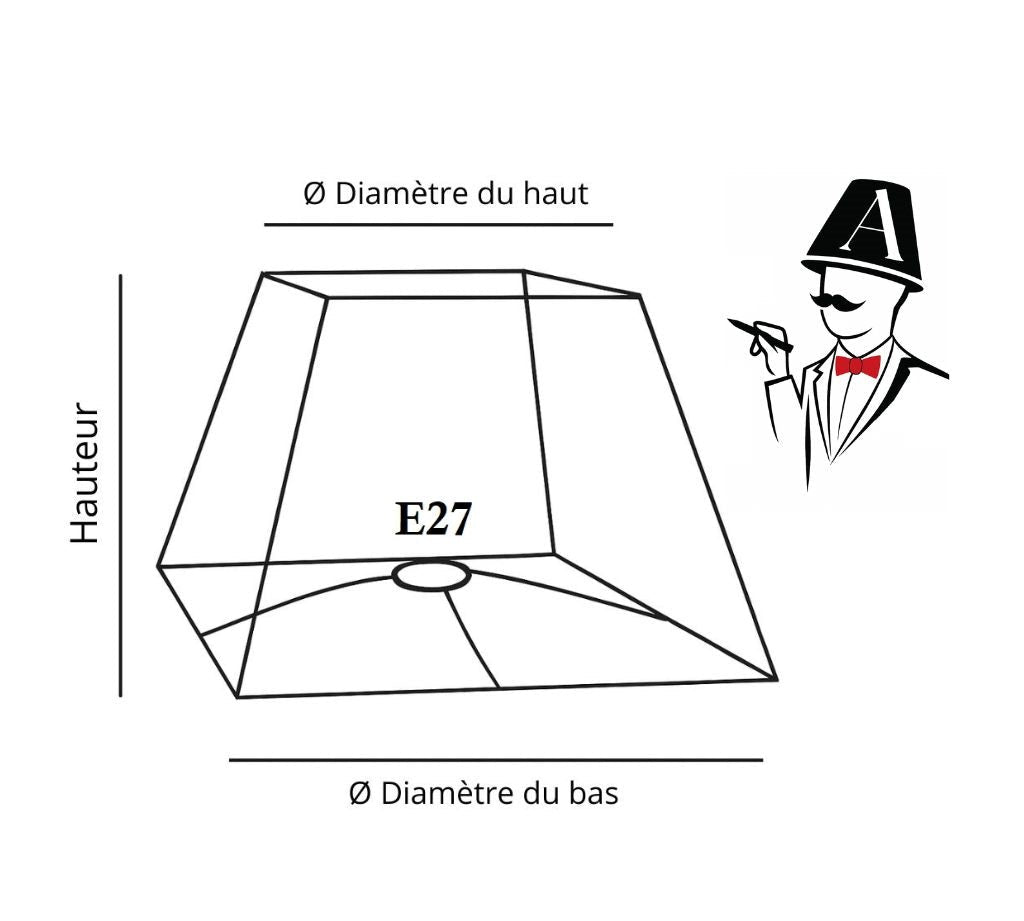 Schéma d’un abat-jour pyramidal E27 avec hauteur, diamètre haut et bas pour bien choisir son abat-jour de lampe.