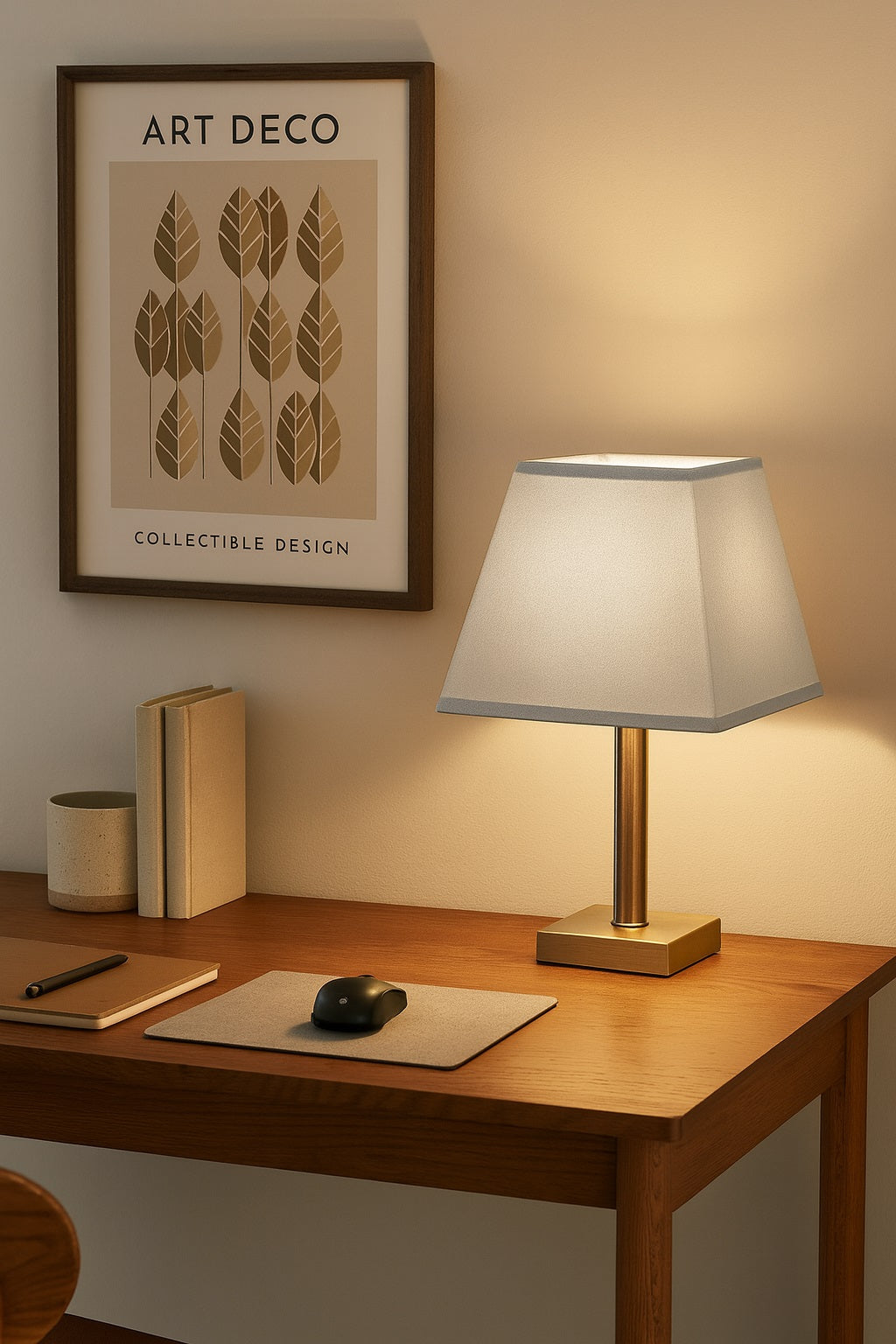 Lampe avec abat-jour pyramide en lin gris allumé, ambiance chaleureuse et design pour bureau ou chambre