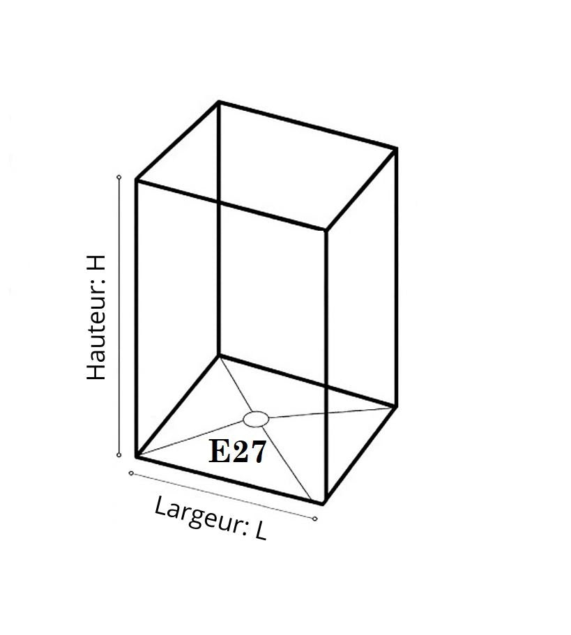 Schéma technique d’un abat-jour rectangulaire E27 avec hauteur et largeur indiquées.