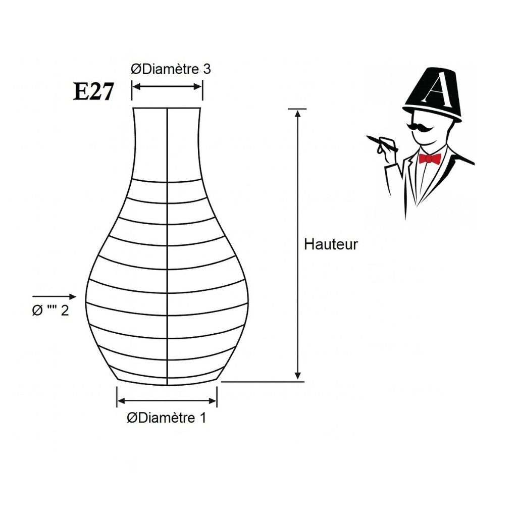Schéma technique d’un abat-jour en forme de bouteille compatible E27 avec indication des dimensions (hauteur et diamètres) – modèle Monsieur Abat-Jour.