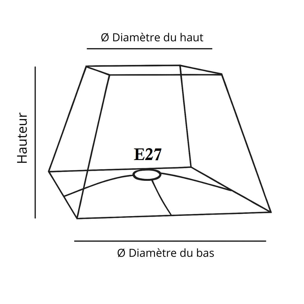 Schéma technique d’un abat-jour pyramidal avec douille E27, indiquant les dimensions du diamètre supérieur, du diamètre inférieur et de la hauteur.