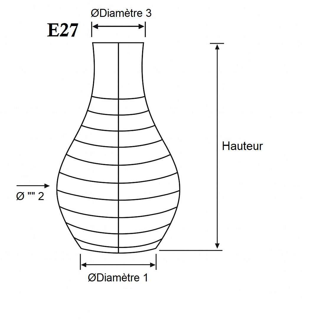 Schéma technique d’un abat-jour suspension forme bouteille avec douille E27 – indication des diamètres et de la hauteur.